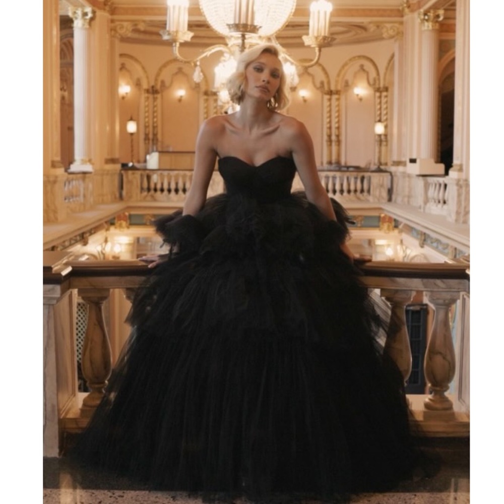Mac Duggal Black Strapless Tulle Gown with Feather Detail
